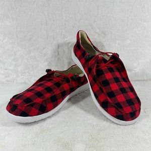 Kayak by Corkys-Red Buffalo Plaid Slip on Canvas Shoe. Adjustable tie